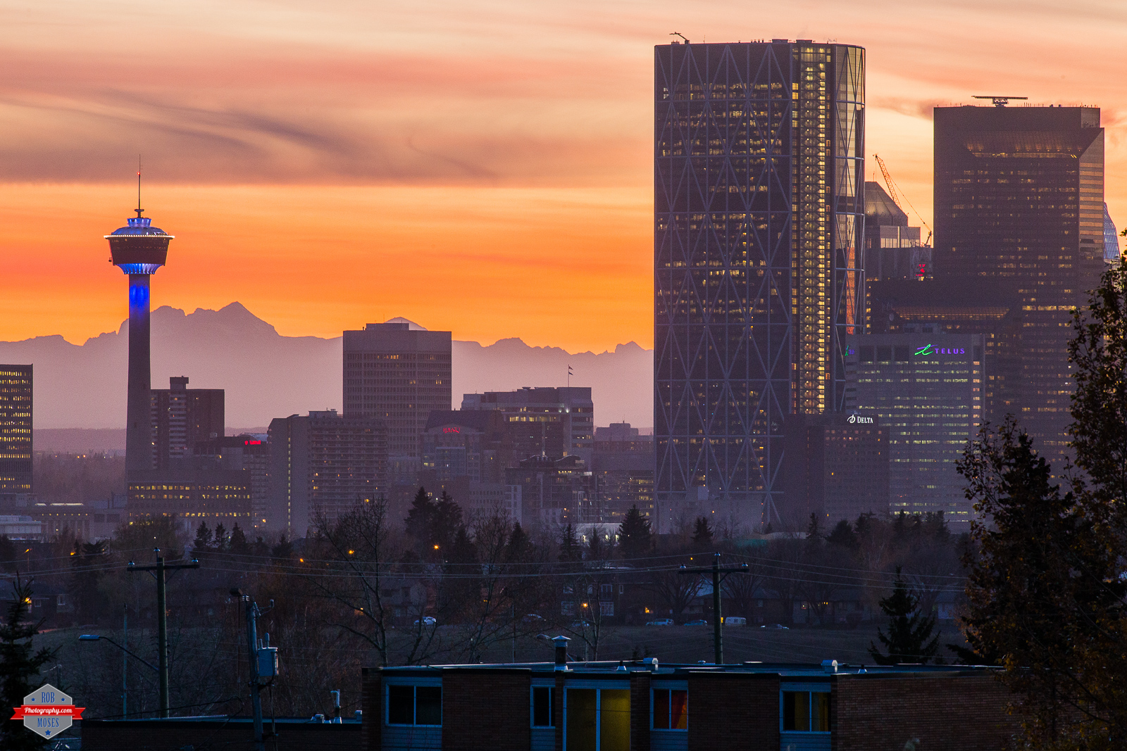 Calgary skyline at sunset with the Calgary tower